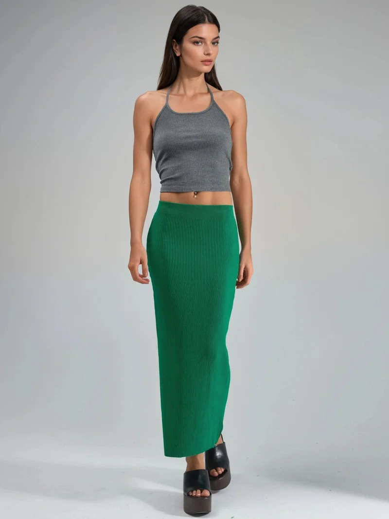 MY FASHION Green MY FASHION High Waist Ribbed Knit Maxi Skirt for Women | Best Price UAE